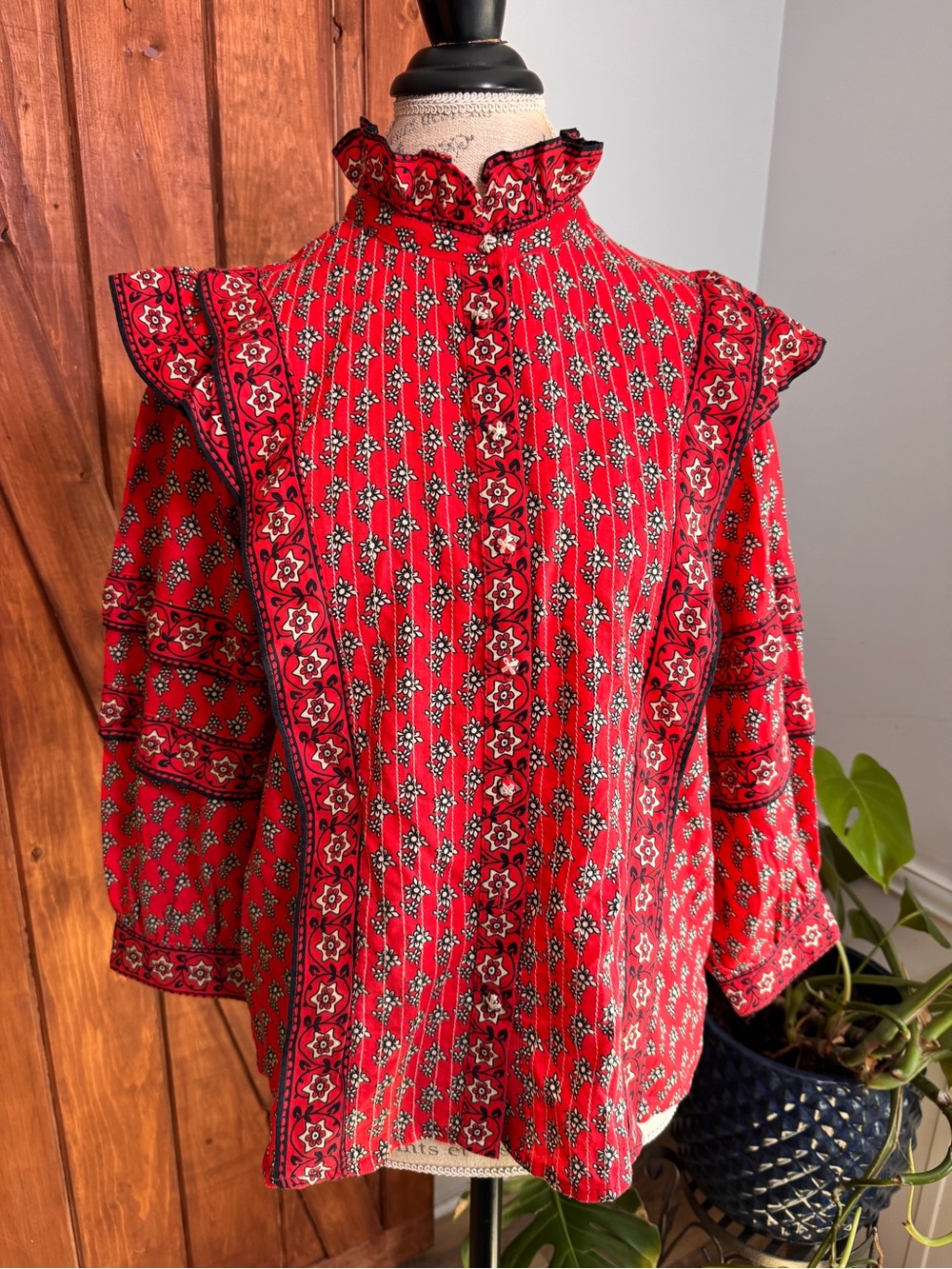 Sundance Red Floral Ruffled-Yoke Long Sleeve Blouse